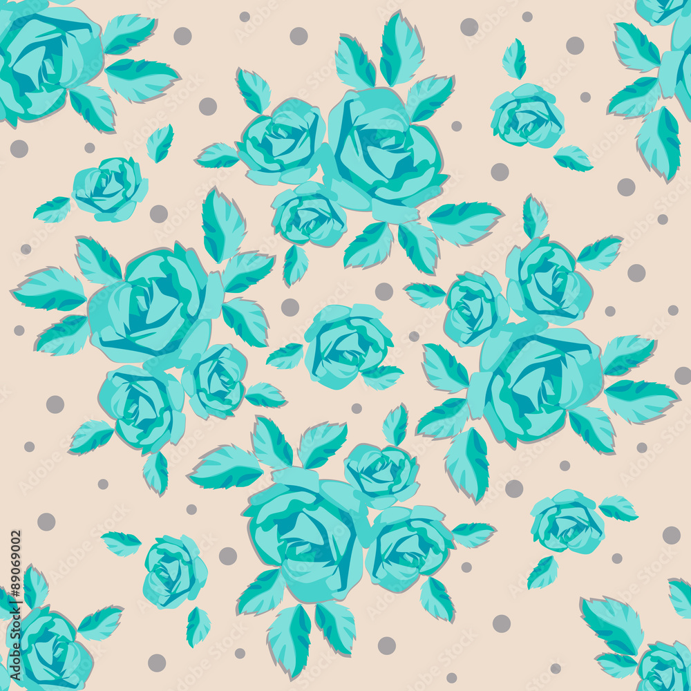 seamless pattern with turquoise roses on a beige background in peas, green roses bouquet, turquoise rose with leaves, vector design,