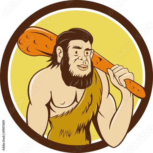 Neanderthal Man Holding Club Circle Cartoon