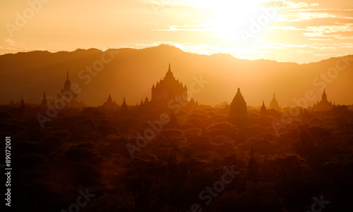 Scenic sunset view of ancient temples silhouettes in Bagan, Myan