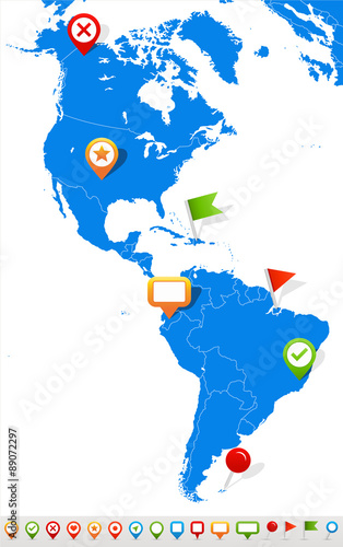 Vector illustration of North and South America map and navigation icons.
