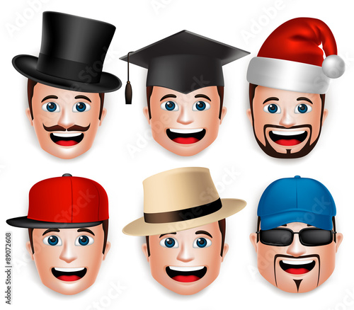 Set of 3D Realistic Face Head of Man Collections of Hats