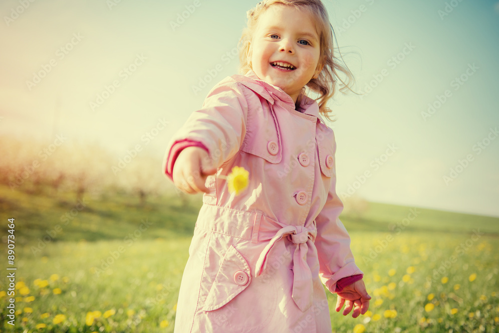 The little girl that runs in spring sunny day. Art processing an