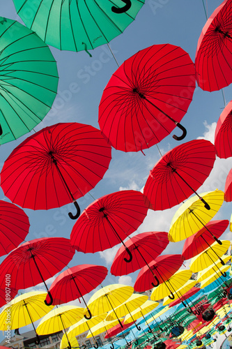 Many of colorful hanging umbrellas