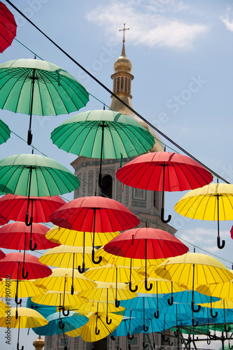 Many of colorful hanging umbrellas