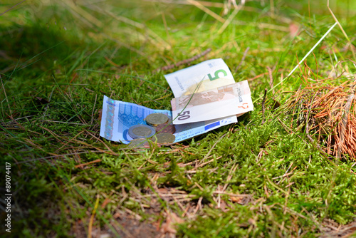  Euro money lost in the woods on moss