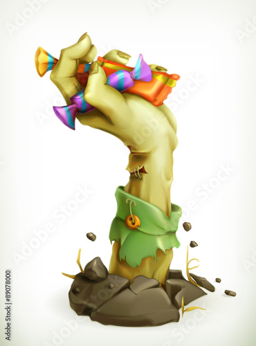 Zombie hand with candy, vector illustration