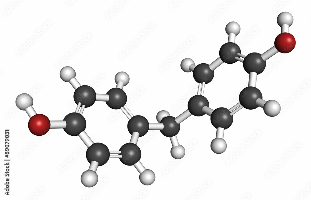 Bisphenol F (BPF) molecule. Alternative for bisphenol A (BPA). Bisphenol F (BPF) molecule. Alternative for bisphenol A (BPA).