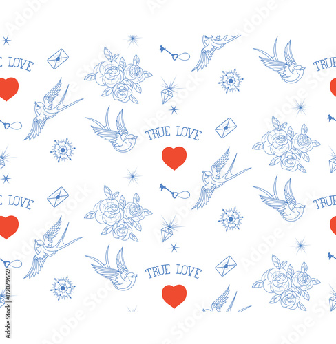 Old school tattoo seamless with tru love signs
