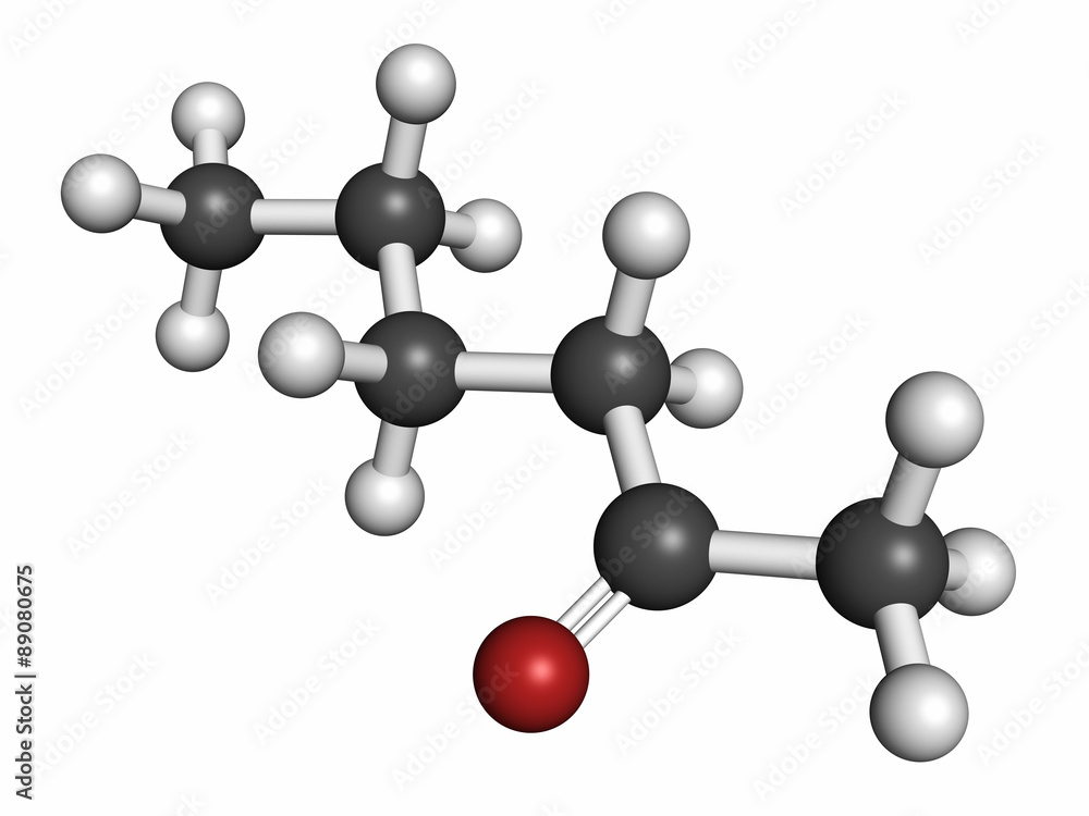 Methyl butyl ketone (MBK, 2-hexanone) solvent molecule. Methyl butyl ketone (MBK, 2-hexanone) solvent molecule.