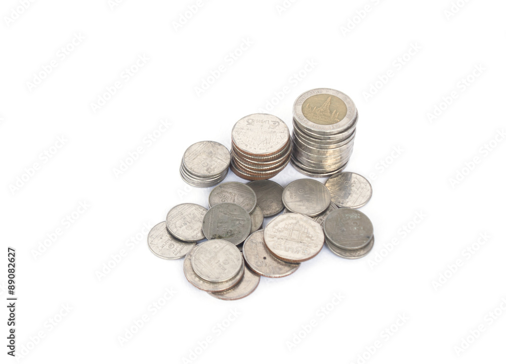 THB Thailand stack of coins sorted in order from bottom to top. White background, space on the left. THB Thailand stack of coins sorted in order from bottom to top. White background, space on the left.