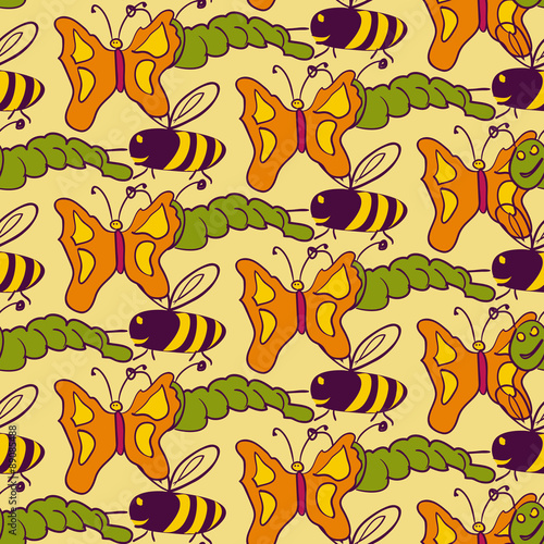 Seamless pattern of caterpillars, bees and butterflies