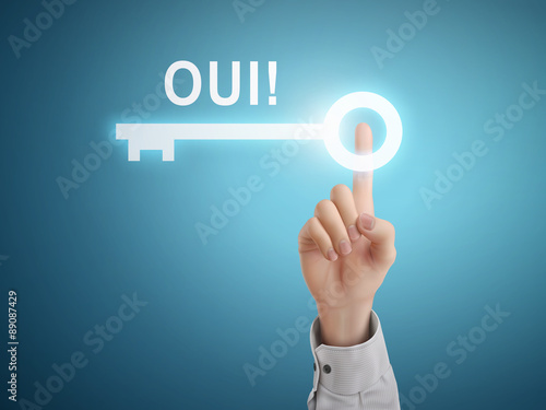 male hand pressing YES word in French