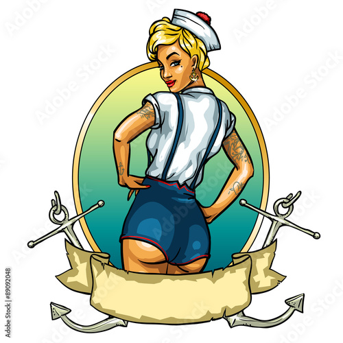 Pin Up Sailor Girl isolated on white - label