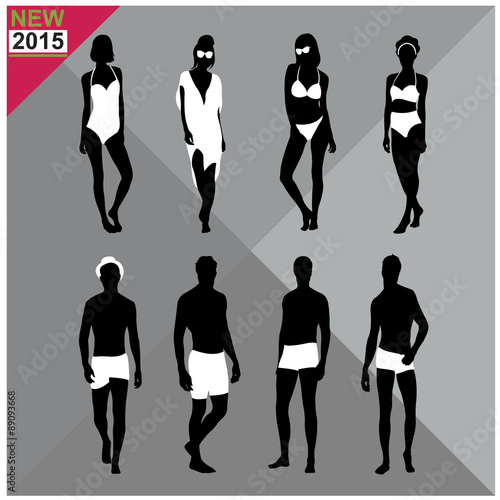 Beachwear / Swimwear swimsuits summer attire women men black silhouettes with white cloths on top,totally editable,set,collection