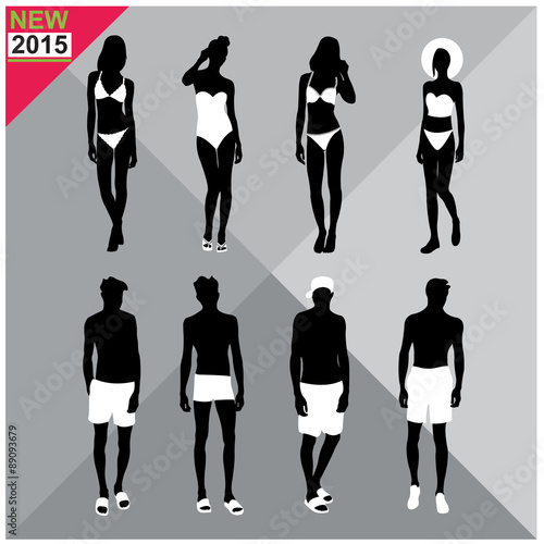 Beachwear / Swimwear swimsuits summer attire women men black silhouettes with white cloths on top,totally editable,set,collection