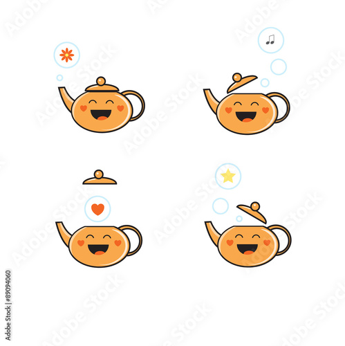 Vector set with cute cartoon teapots, hearts, flowers. Vector clip art.