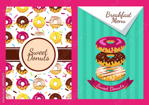 Set of vector background and seamless pattern with donuts. Abstr