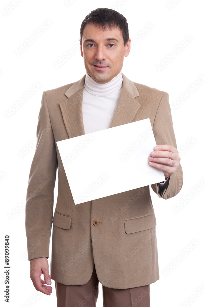 handsome young man shows paper sheet handsome young man shows paper sheet