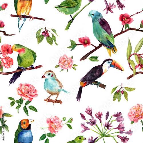 A seamless pattern with vintage style watercolor birds and roses