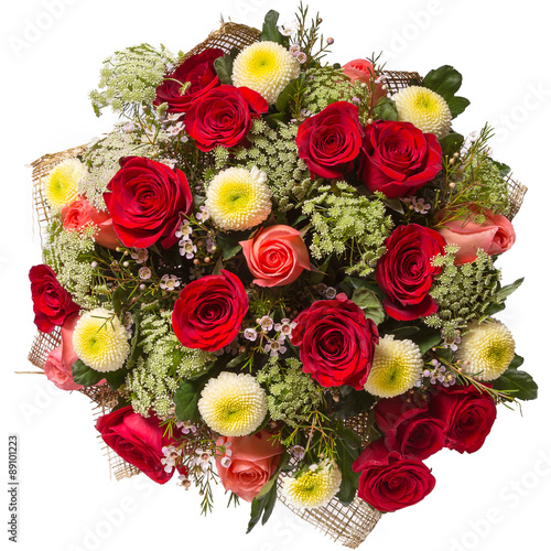 Bouquet of flowers top view isolated on white