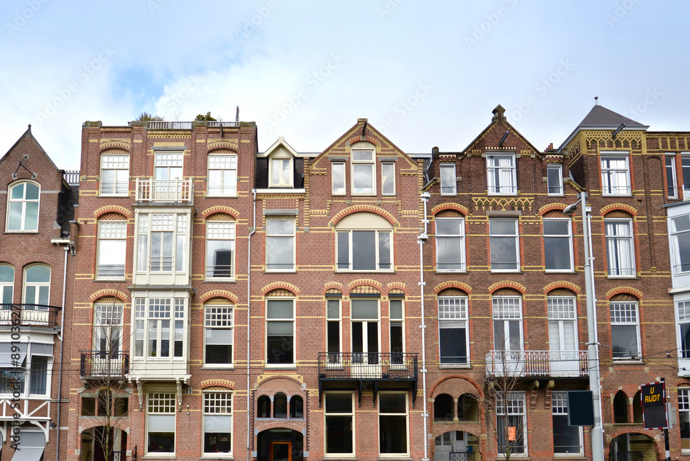 Front view of traditional buildings in Amsterdam, Netherlands