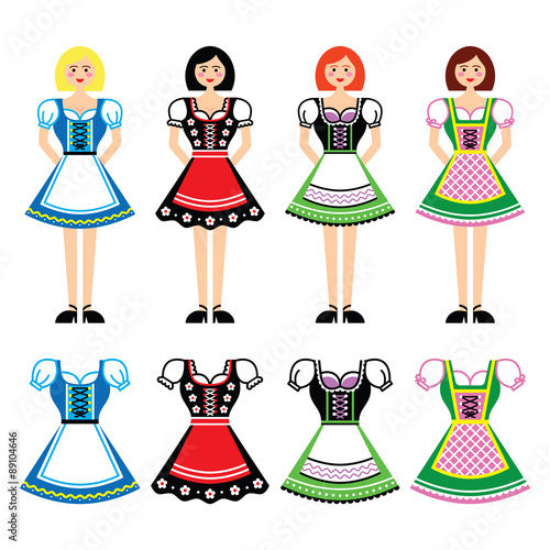 Women in Dirndl - traditional dress worn in Germany and Austria icons set 