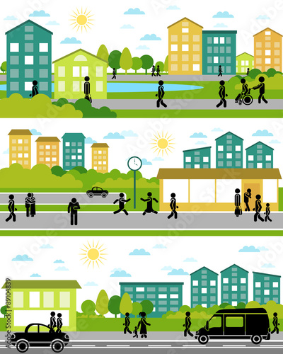 Three city life scenes