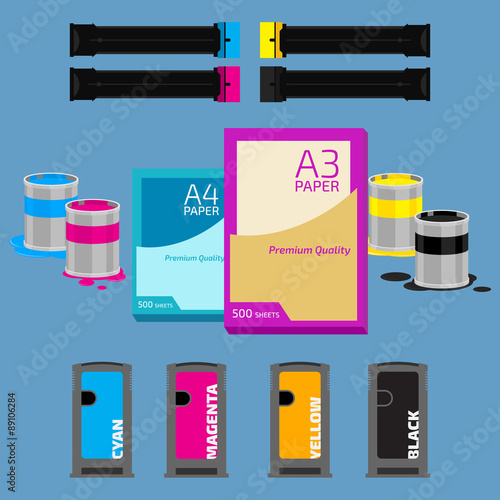 Laser and ink cartridge, paper on blue background