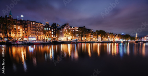 Beautiful night in Amsterdam. Night illumination of buildings an © standret
