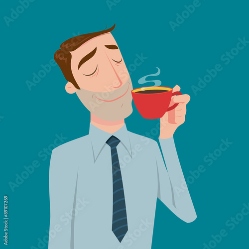 Businessman drinking coffee, tea break time in bright office.