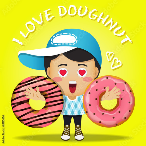 happy man carrying big strawberry doughnut or donuts
