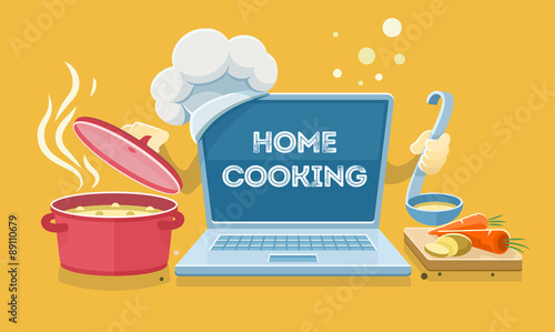 Home food cooking online recipes with laptop. Flat eps10