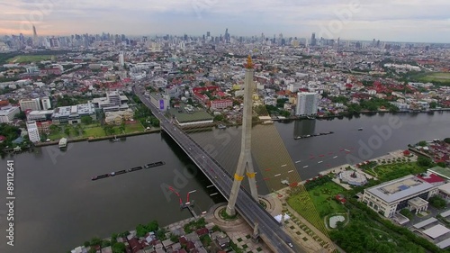 detail of Rama 8 suspension bridge in Bangkok city Thailand, aerial shot photo