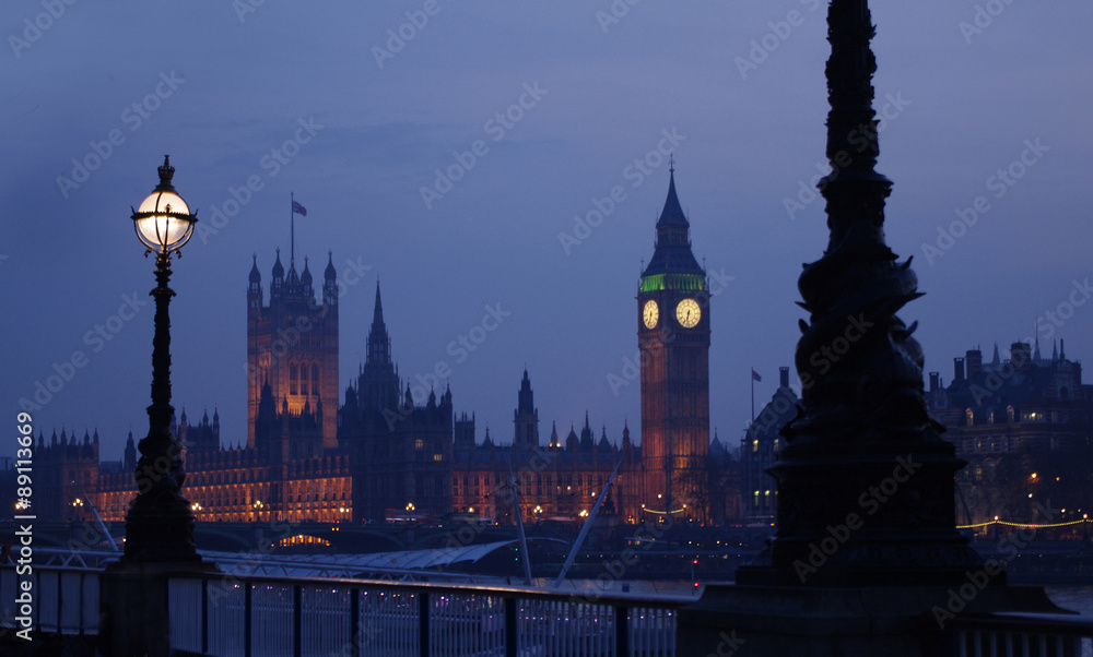 London Embankment looking towards the Houses of Parliament at Night