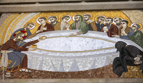 Cracow , Lagiewniki - The centre of Pope John Paul II. Mosaics on the church wall with biblical scenes - the last supper #89117871