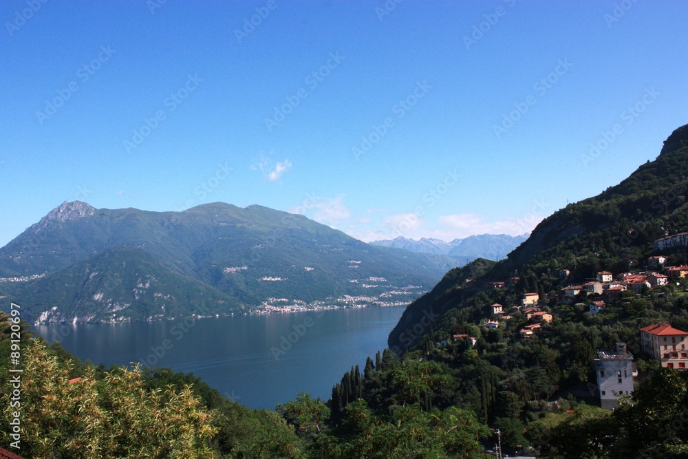 View from Vezio to Lake Como in Lombardy Italy under blue sky