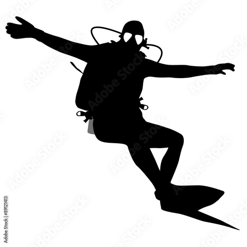 Black silhouette scuba divers. Vector illustration.