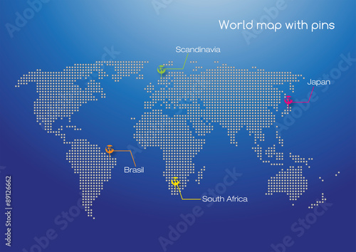 world map with pins for marking the positions