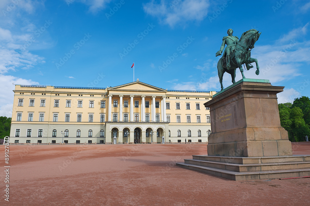 View to the Royal palace with .statue of King Karl Johan at the foreground in Oslo, Norway.