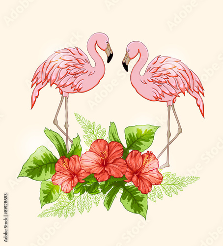 Background with flowers and pink flamingo