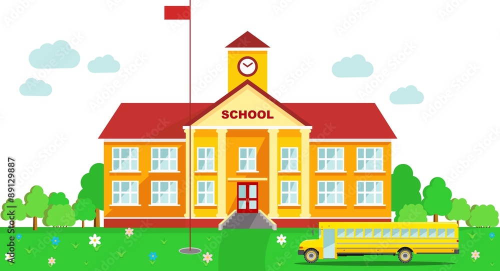 Panoramic background with school building and school bus in flat