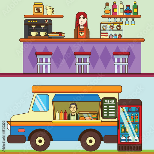 Food truck, cafe car on the street, Bakery and coffee shop. Cafe interior.