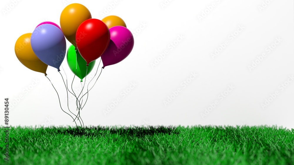 Group of colorful blank balloons on grass isolated on white