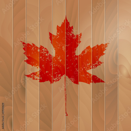Red Autumnal Maple Leaf on a wooden background