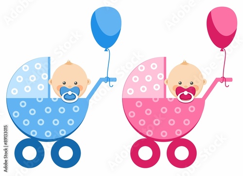 The baby in the stroller, boy, girl, balloon. 