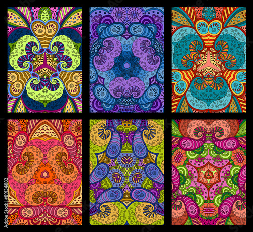  Set of six colorful decorative greeting cards on black backgrou