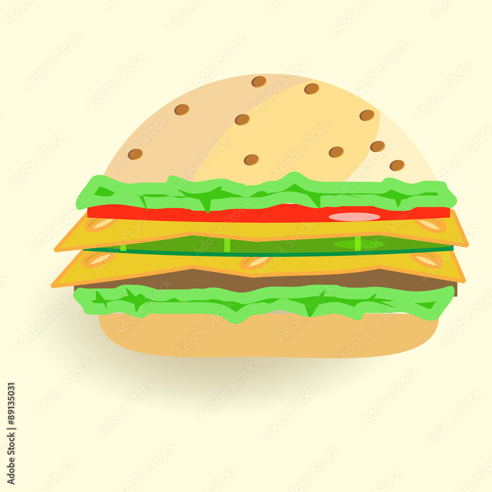 Hamburger with cheese, cucumber, tomato and greens Hamburger with cheese, cucumber, tomato and greens