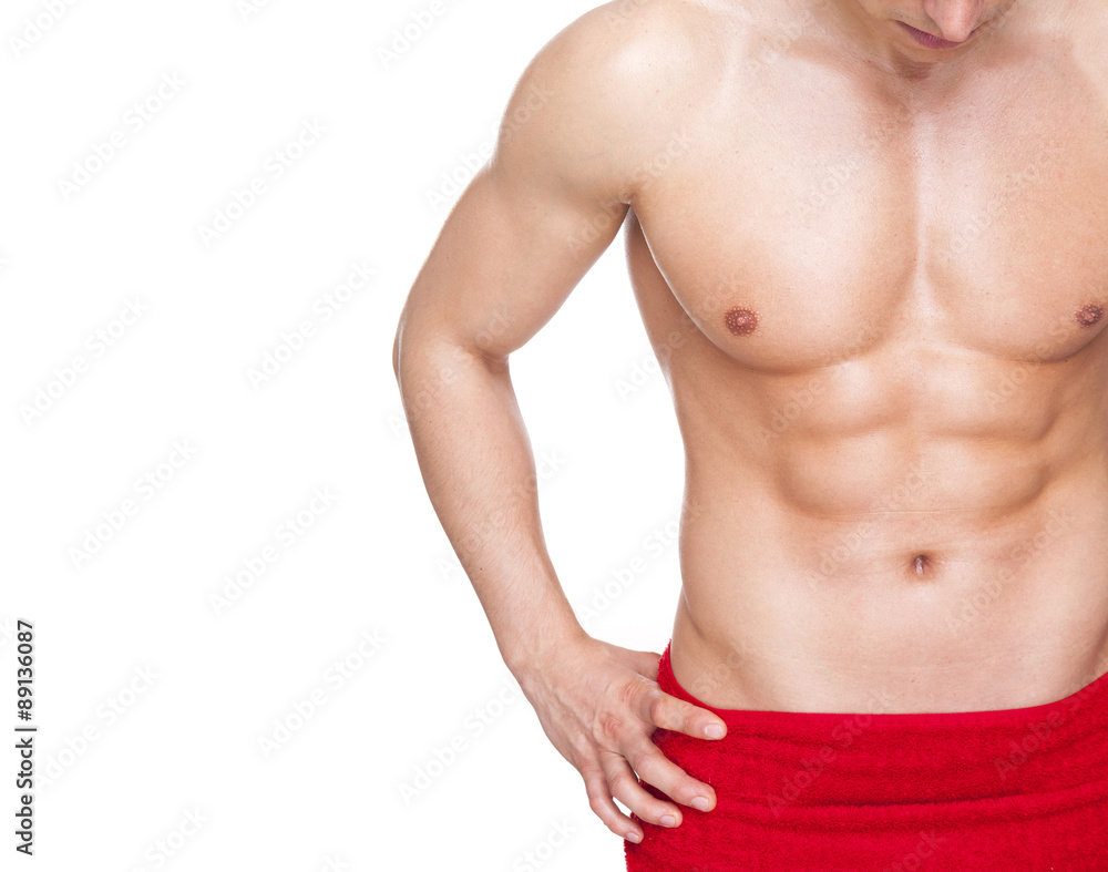 Image of a fitness man covered with red towel, isolated on white