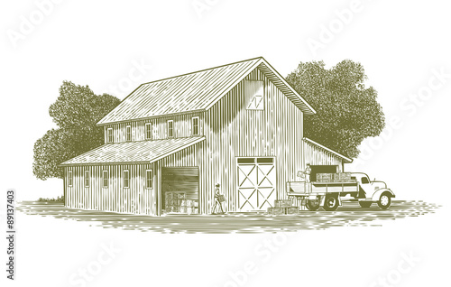 Woodcut Farm Work Scene