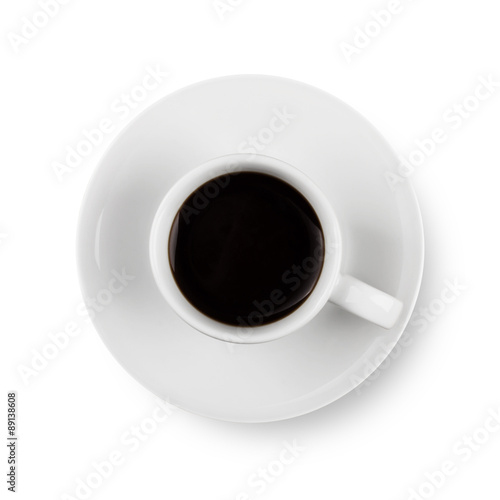Black Coffee in White Cup on plate. Isolated